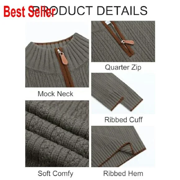 Quarter-Zip Pullover Sweater Mock Neck Ribbed Knit Classic Fit Winter Warm